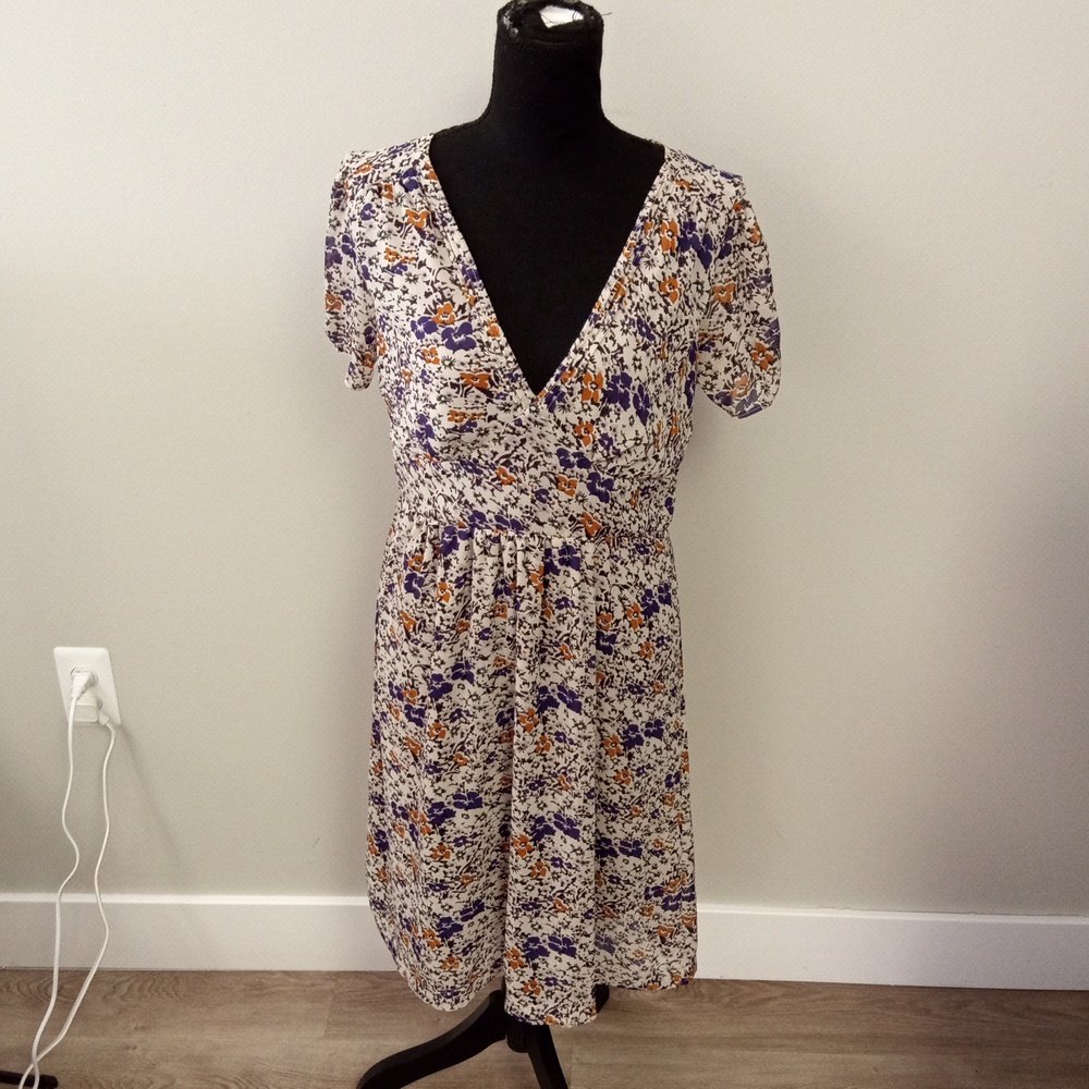 H & M Women's Orange Purple Floral pattern V Neck Dress 14